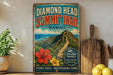 A vintage-style sign for the Diamond Head Summit Trail in Hawaii, featuring a mountain landscape with a trail leading up to a lookout point.