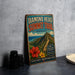 A vintage-style metal sign for the Diamond Head Summit Trail in Hawaii, featuring a scenic mountain landscape with a winding path and colorful flowers.