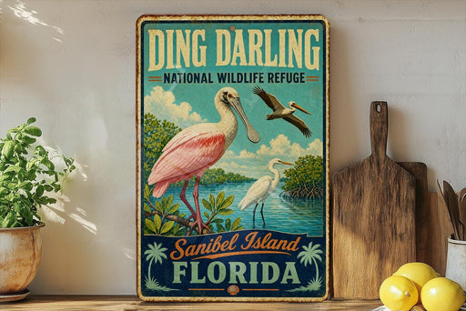 A vintage-style sign for the Sanibel Island Wildlife Refuge in Florida, featuring illustrations of a pink egret and a pelican.