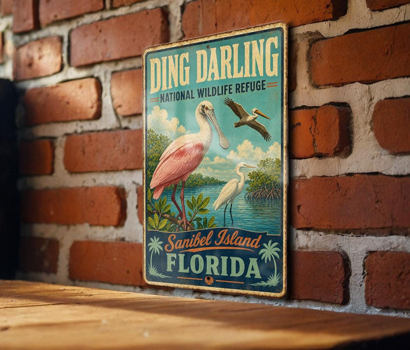 A vintage-style sign for the National Wildlife Refuge in Sanibel Island, Florida, featuring a pink flamingo and other birds in a tropical setting.