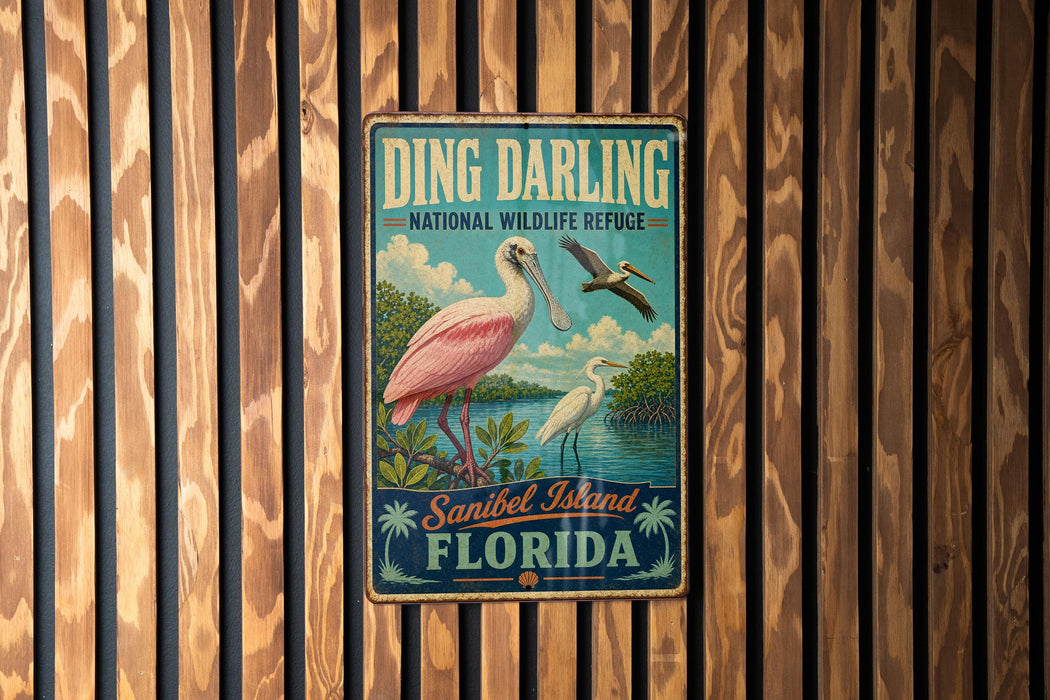 A vintage-style metal sign with a pink flamingo and text that reads "Ding Darling National Wildlife Refuge Sanibel Island Florida".