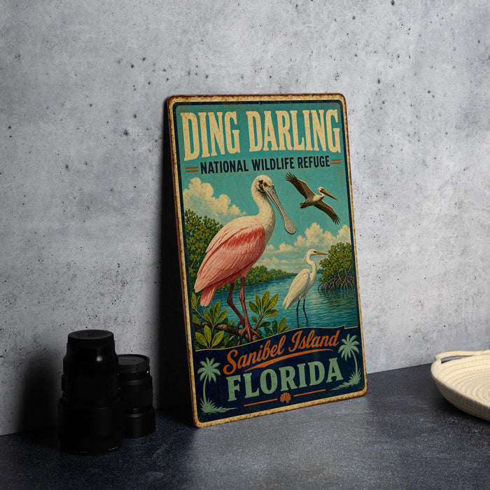 A vintage-style metal sign for the National Wildlife Refuge in Sanibel Island, Florida, featuring a pink flamingo and other birds in a tropical landscape.