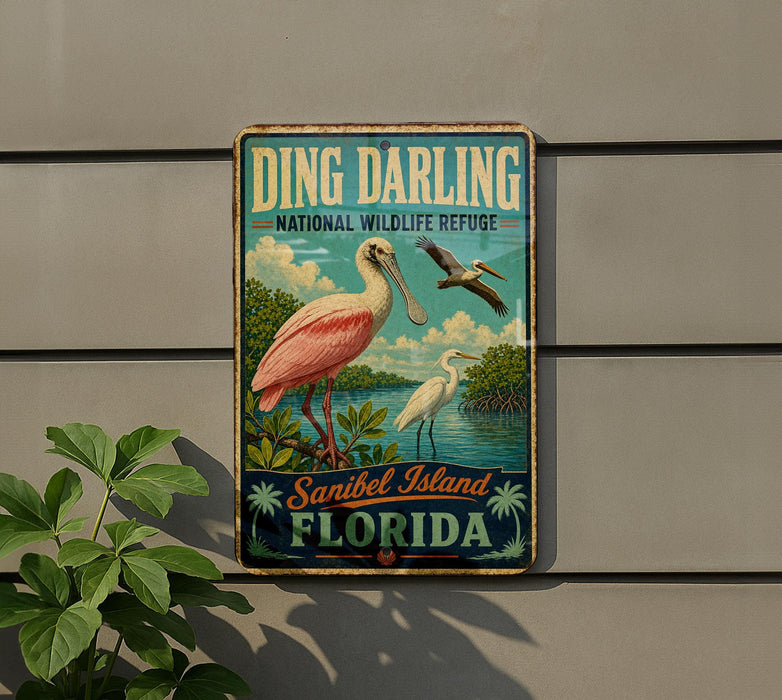 A vintage-style sign for the National Wildlife Refuge in Sanibel Island, Florida, featuring a pink egret and other birds in a tropical landscape.