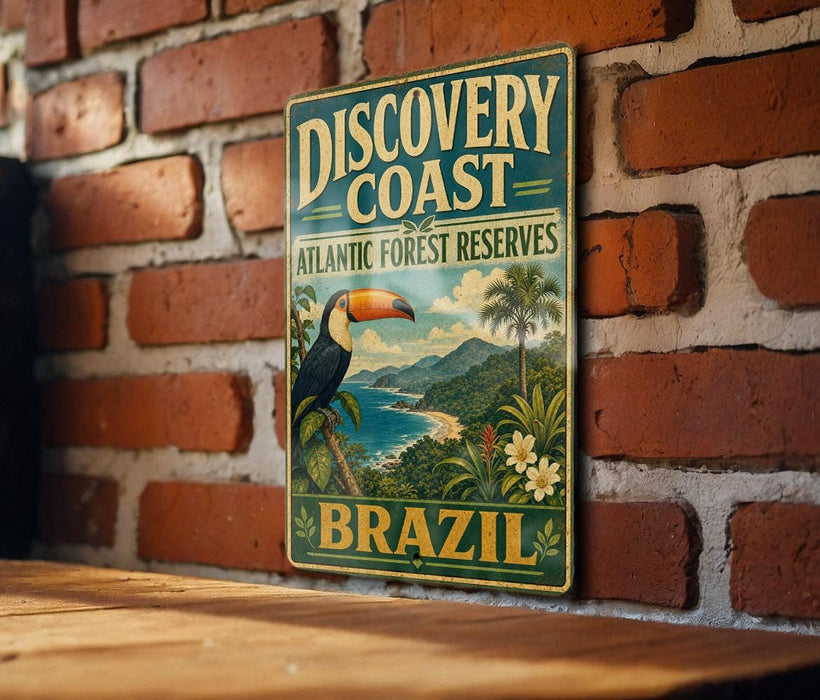 A vintage-style metal sign with a tropical landscape and a toucan, mounted on a brick wall.
