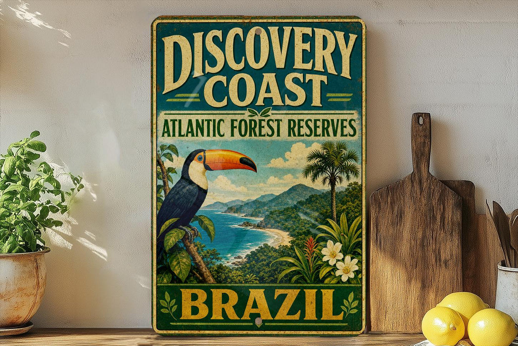 A vintage-style metal sign advertising the Discovery Coast Atlantic Forest Reserve in Brazil, featuring a colorful illustration of a toucan and tropical foliage.