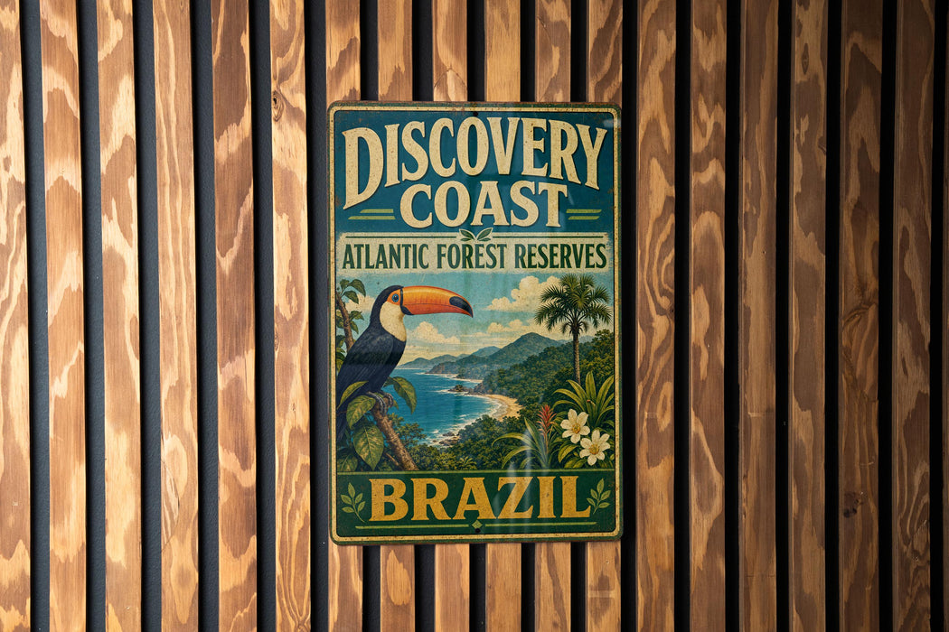 A vintage-style metal sign with a tropical bird and palm trees, advertising the Discovery Coast Atlantic Forest Reserve in Brazil.