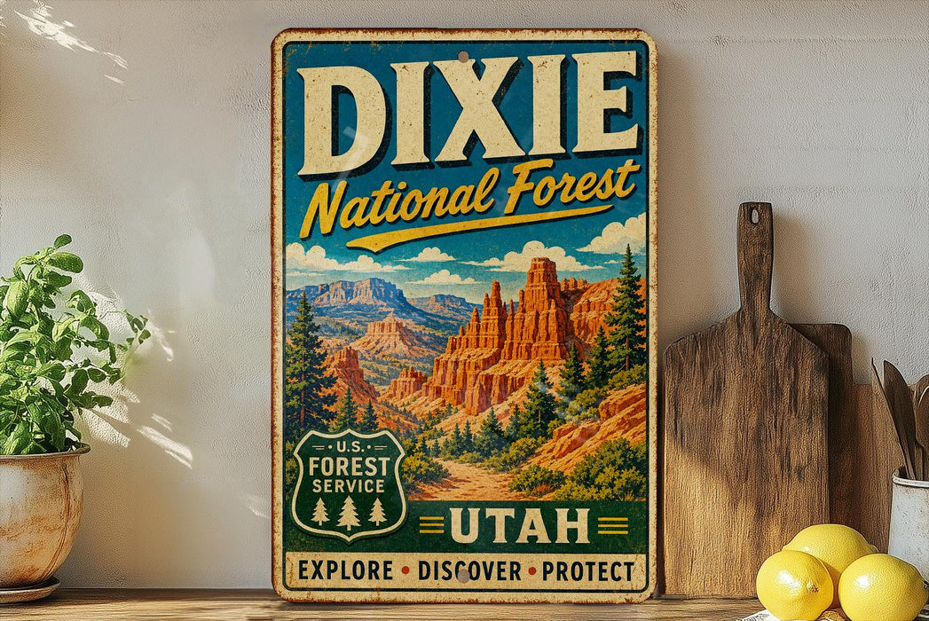 A vintage-style sign for Dixie National Forest in Utah, featuring a scenic illustration of the landscape with mountains and trees.