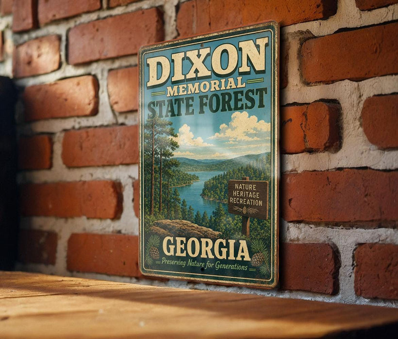 A vintage metal sign for the Dixon Memorial State Forest in Georgia, featuring a scenic illustration of a forest and a lake.