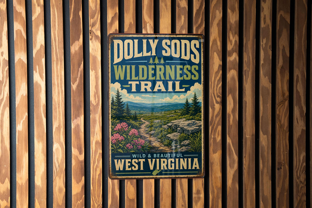 A vintage-style metal sign with the text "Dolly Sods Wilderness Trail" and "West Virginia" is displayed on a wooden wall.
