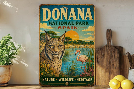 a vintage-style sign for Donana National Park in Spain, depicting a cat and a flamingo in a natural setting.