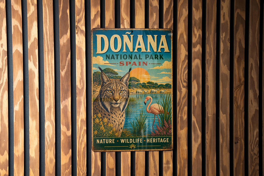 A vintage metal sign for Donana National Park in Spain, featuring an illustration of a cat and a flamingo in a natural setting.