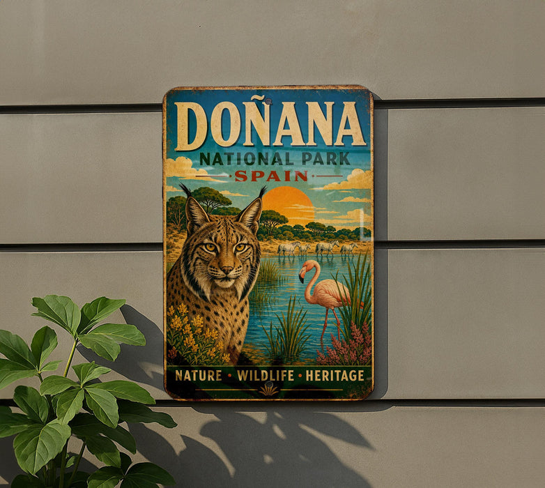 a sign for Donana National Park in Spain, depicting a cat, flamingo, and other wildlife in a scenic landscape.