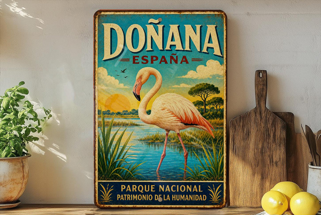 a vintage-style sign for Donana, Spain, with a pink flamingo and a scenic landscape.