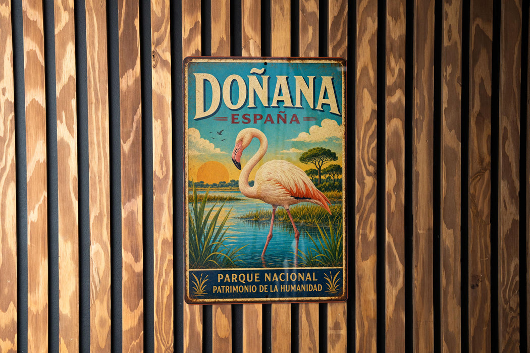 A vintage metal sign with the text "DONANA ESPAÑA" and a flamingo illustration, hanging on a wooden wall.