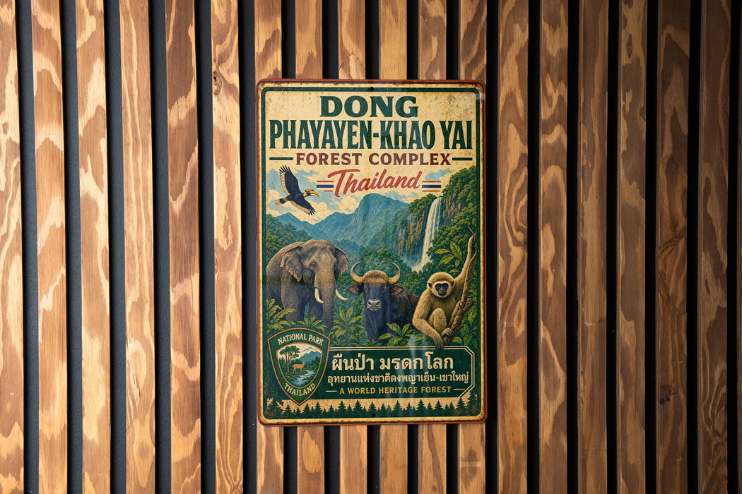 A vintage metal sign with text and illustrations of wildlife, including elephants, a bird, and a monkey, hanging on a wooden wall.
