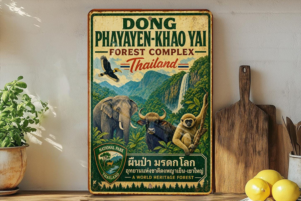 a vintage-style sign for the Dong Phayayen-Khao Yai Forest Complex in Thailand, depicting various animals such as elephants, a monkey, and a bird. The sign is displayed on a shelf next to a wooden cutting board and a potted plant, creating a rustic and natural atmosphere.