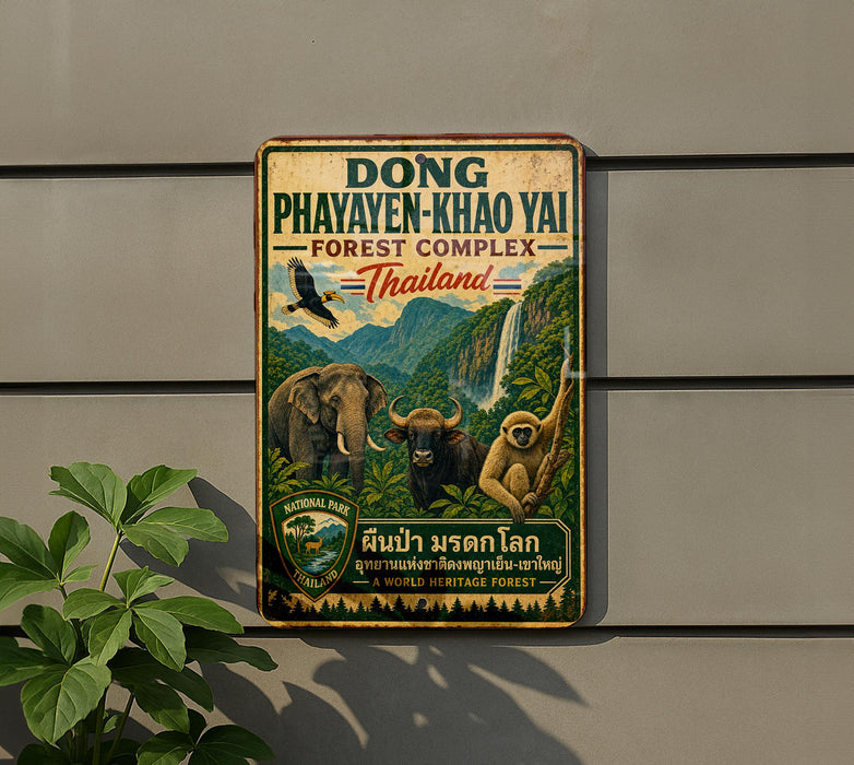 a vintage-style metal sign with a forest scene and various animals, including elephants, a monkey, and a bird, set against a backdrop of mountains and a waterfall.