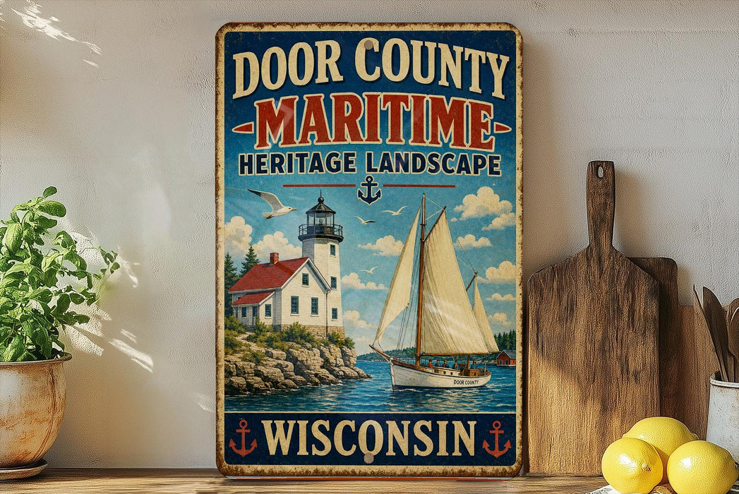 A vintage metal sign for Door County, Wisconsin, featuring a lighthouse and a sailboat on a lake.