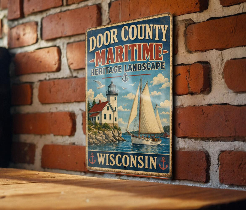 A vintage-style metal sign with a sailboat and lighthouse, mounted on a brick wall.