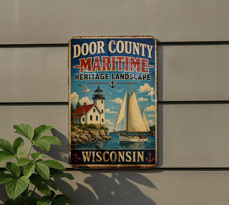 A vintage metal sign for Door County's Maritime Heritage Landscape, featuring a lighthouse and a sailboat on a body of water.