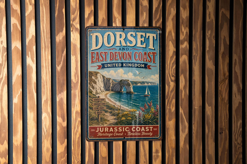 A vintage-style metal sign with text and a scenic image of the Dorset and East Devon Coast in the United Kingdom, hanging on a wooden wall.