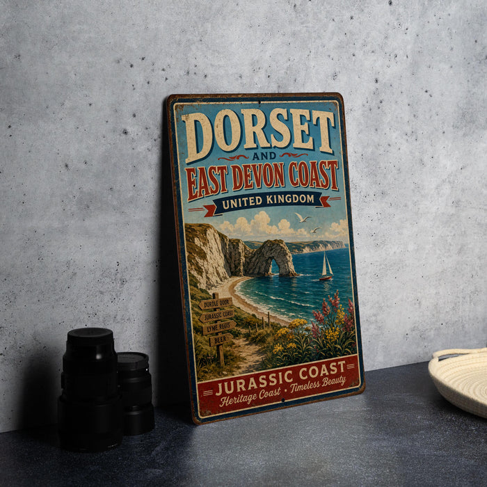 A vintage metal sign for the Dorset and East Devon Coast in the United Kingdom, featuring a scenic image of the Jurassic Coast and the surrounding landscape.