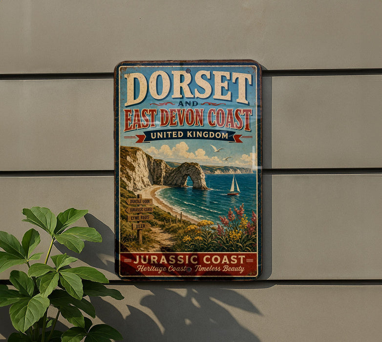 A vintage-style metal sign advertising the Dorset and East Devon Coast in the United Kingdom, featuring a scenic coastal landscape with cliffs, a beach, and a sailboat.