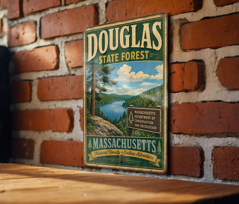 A vintage metal sign for Douglas State Forest in Massachusetts, featuring a scenic landscape with a lake and mountains.