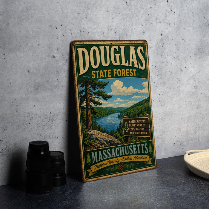 A vintage metal sign for Douglas State Forest in Massachusetts, featuring a scenic landscape with a river and pine trees.