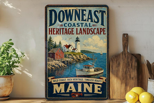 a vintage-style sign for Down East Coastal Heritage Landscape Maine, with a lighthouse and coastal scenery depicted.