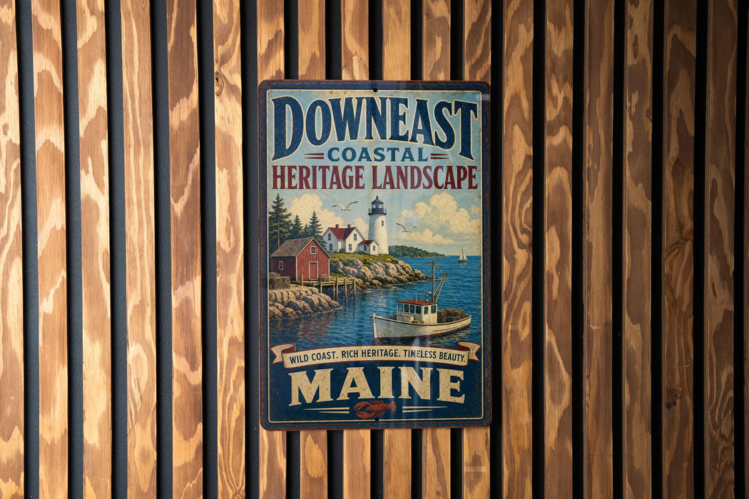 A vintage-style metal sign with the text "Down East Coastal Heritage Landscape" and "Wild Coast, Rich Heritage, Timeless Beauty, MAINE" is displayed on a wooden wall.