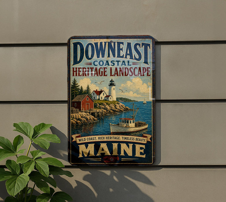 A vintage-style metal sign for Down East Coastal Heritage Landscape, featuring a lighthouse and a coastal scene, mounted on a wall.