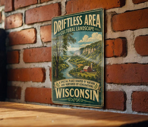 A vintage-style sign for the "Driftless Area" in Wisconsin, featuring a scenic landscape with a river and a farmhouse.