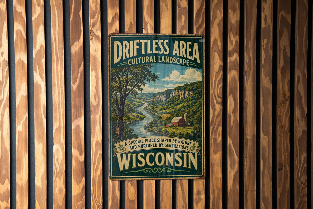 A vintage-style sign for the "Driftless Area Cultural Landscape" in Wisconsin, featuring a scenic landscape with a river and mountains.