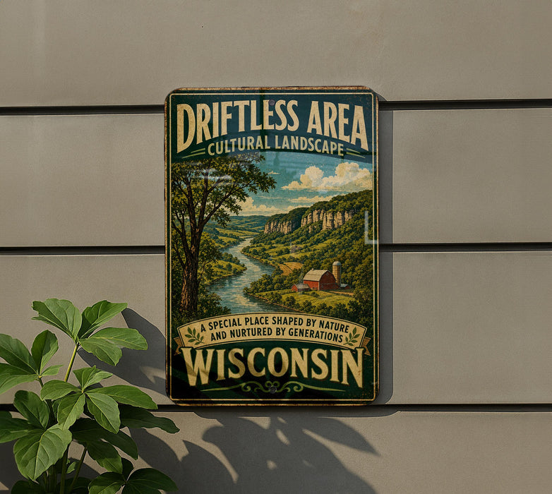 A vintage-style sign for the "Driftless Area Cultural Landscape" in Wisconsin, featuring a scenic landscape with a river, trees, and a barn.