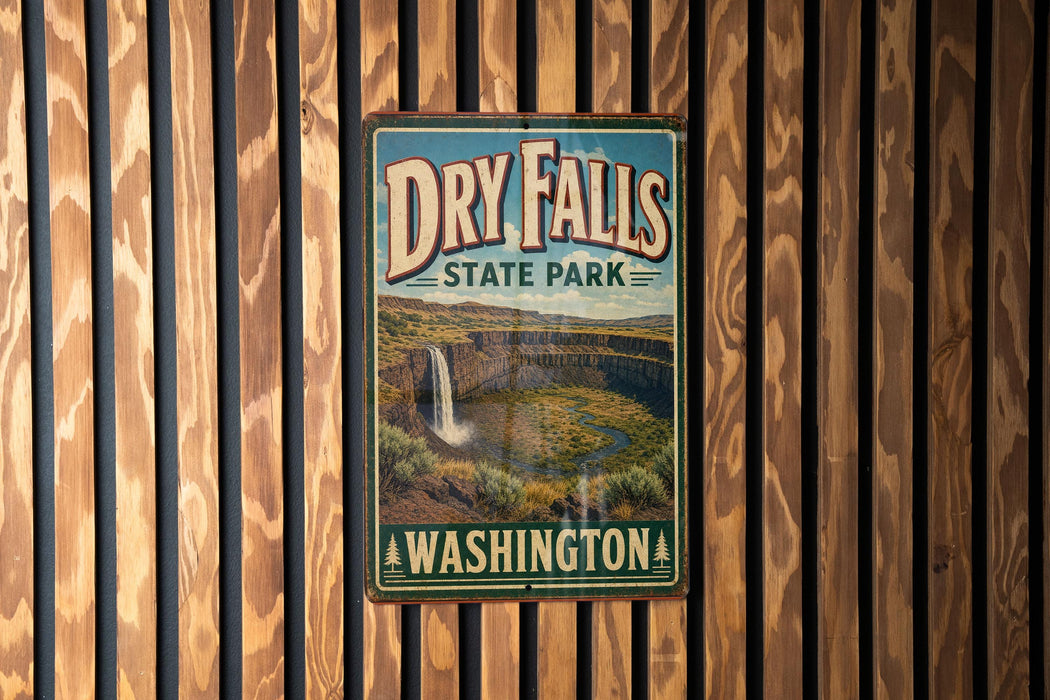 A vintage metal sign for Dry Falls State Park in Washington, featuring a waterfall and a scenic landscape.