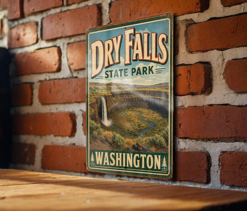 A vintage-style metal sign for Dry Falls State Park in Washington, featuring a scenic landscape with a waterfall and mountains.