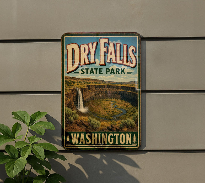 A vintage-style sign for Dry Falls State Park in Washington, featuring a scenic image of the falls and surrounding landscape.