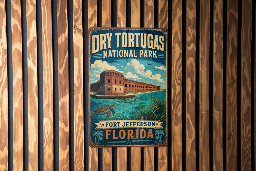 A vintage-style metal sign for Dry Tortugas National Park in Fort Jefferson, Florida, featuring an illustration of a building and a turtle in the water.