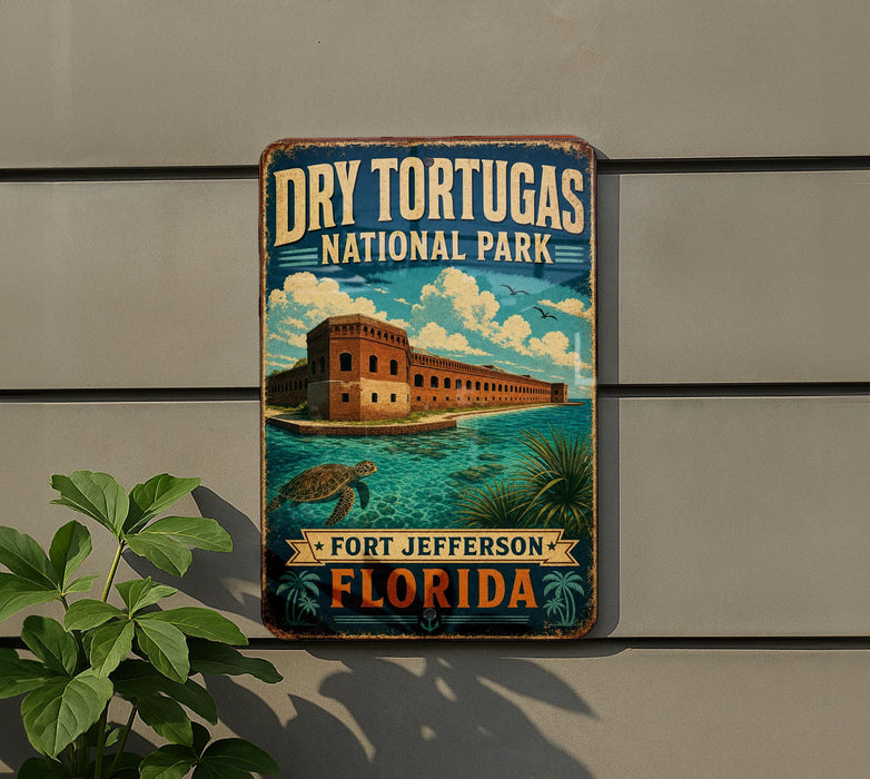 A vintage-style sign for Dry Tortugas National Park, featuring an illustration of Fort Jefferson in Florida.