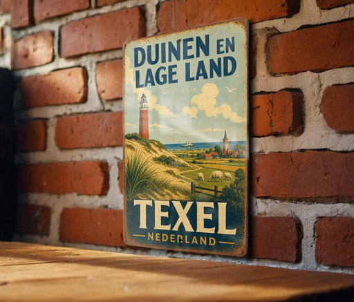 A vintage metal sign with the text "Duinen en Lage Land" and "Texel Nederland" is displayed on a brick wall.