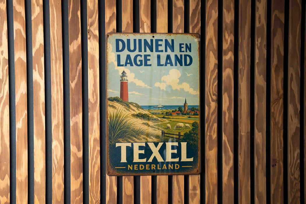 A vintage metal sign with the text "Duinen en Lage Land" and "Texel Nederland" hangs on a wooden wall.