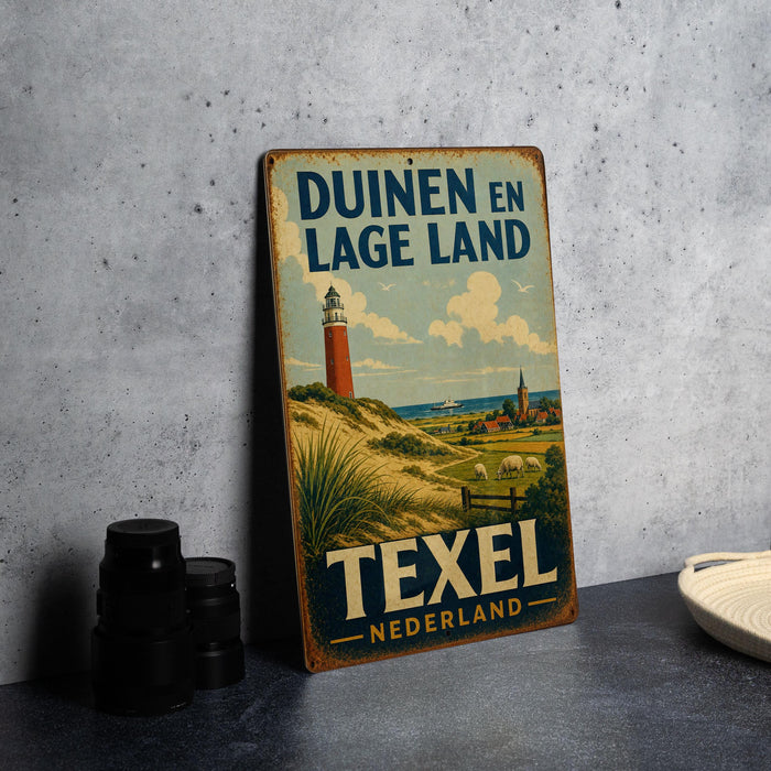 A vintage metal sign advertising Duinen en Lage Land, a beach resort in Nederland, with a lighthouse and beach scene in the background.