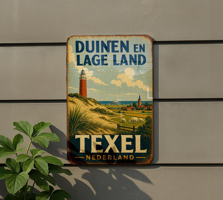 a vintage-style metal sign with a lighthouse and a rural landscape, mounted on a wall.