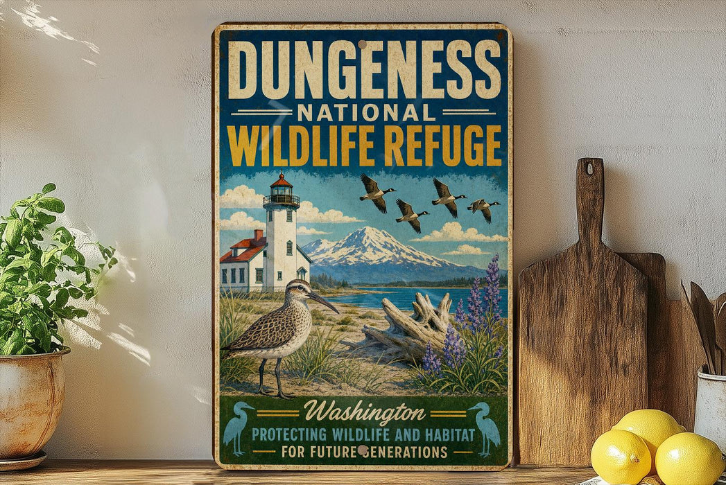 a vintage-style sign for the Dungeness National Wildlife Refuge, depicting a lighthouse, a bird, and a mountain landscape.