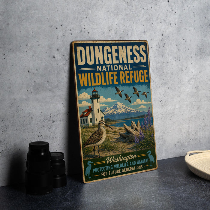 A vintage-style sign for the Dungeness National Wildlife Refuge in Washington, featuring an illustration of a lighthouse, birds, and a mountain landscape.