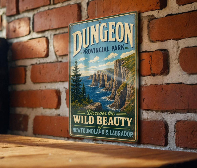 A vintage-style metal sign for the Province Park, featuring a scenic landscape with cliffs, trees, and a body of water.