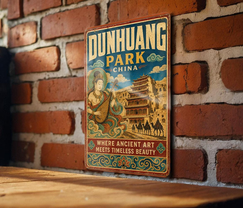A vintage metal sign for Dunhuang Park in China, featuring an illustration of a temple and a woman, is displayed on a brick wall.