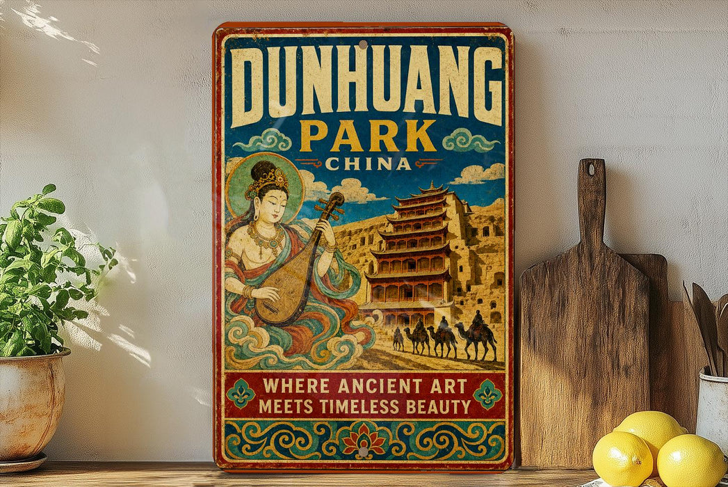 a vintage-style sign for Dunhuang Park, China, with an illustration of a woman playing a stringed instrument and a traditional Chinese temple in the background. The sign is displayed on a wall, surrounded by various kitchen items such as a cutting board, a bowl, and a potted plant.