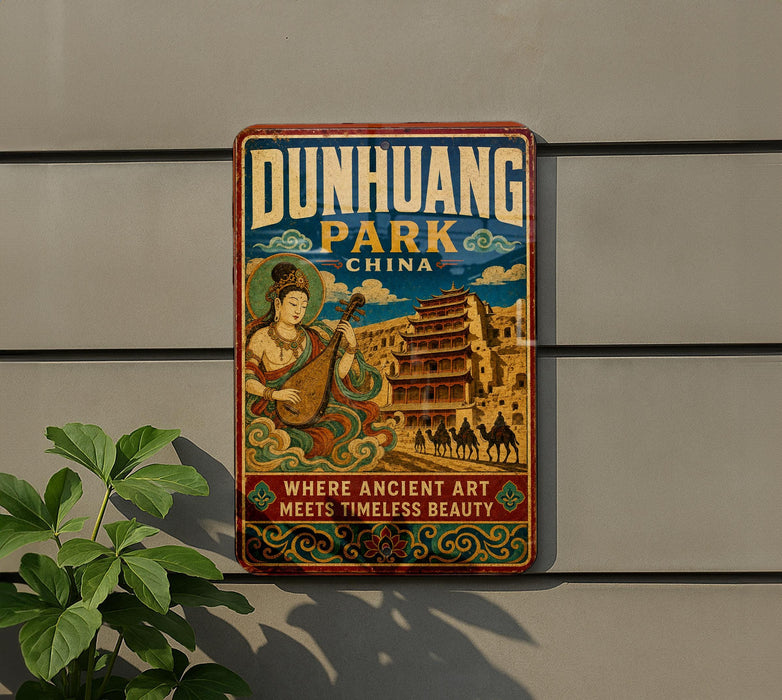a vintage metal sign with an illustration of a temple and a woman playing a musical instrument, mounted on a wall.